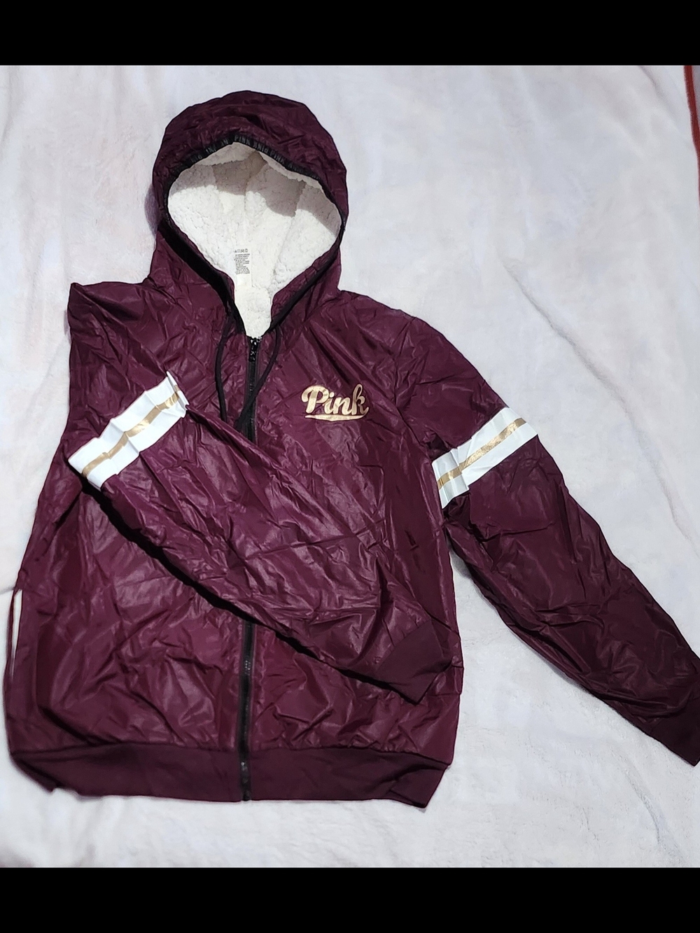PINK Victoria's Secret Burgundy Hooded Sherpa Jacket, Size XS